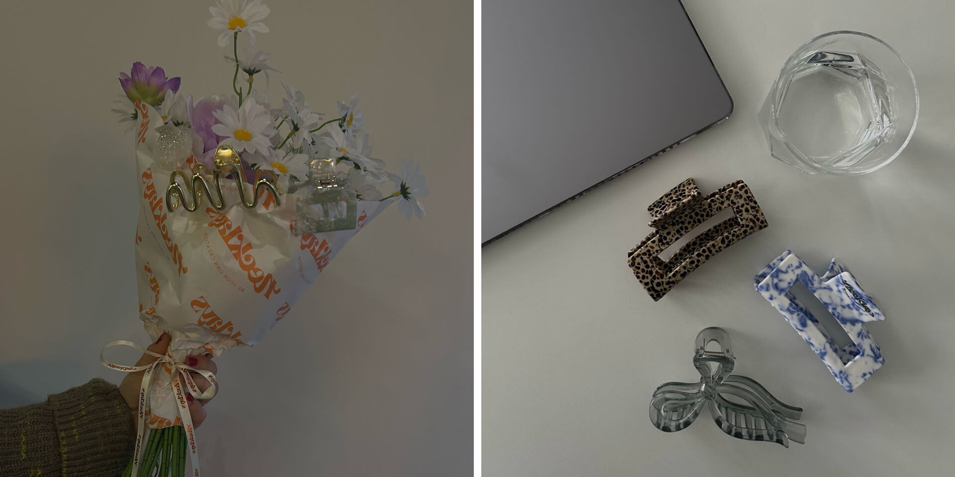 Blumenstrauß eingewickelt in Necklays Papier und Haarspangen, Haarspangen Setting mit Laptop auf einem Schreibtisch